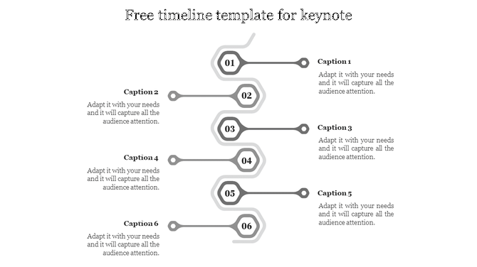  Vertical timeline with six numbered points from 01 to 06, each connected by lines with caption areas on the right side.