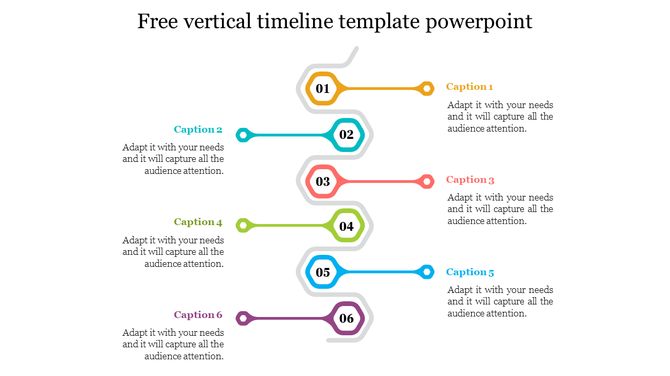 Vertical timeline template with six colorful steps with numbered icons, each containing a caption placeholder text.