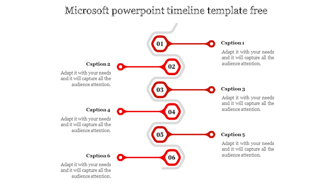 Timeline with red hexagonal nodes, numbers 01 to 06, connected to captions on alternating sides in a zigzag layout. 