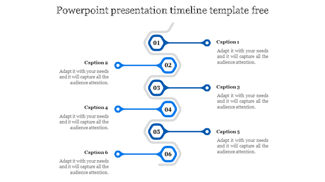 Timeline PPT template with six numbered sections, each connected by a blue line with a horizontal shape and caption.