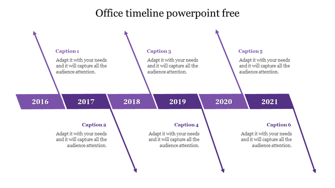 Office timeline PowerPoint slide with years from 2016 to 2021, each marked by a purple arrow and caption.