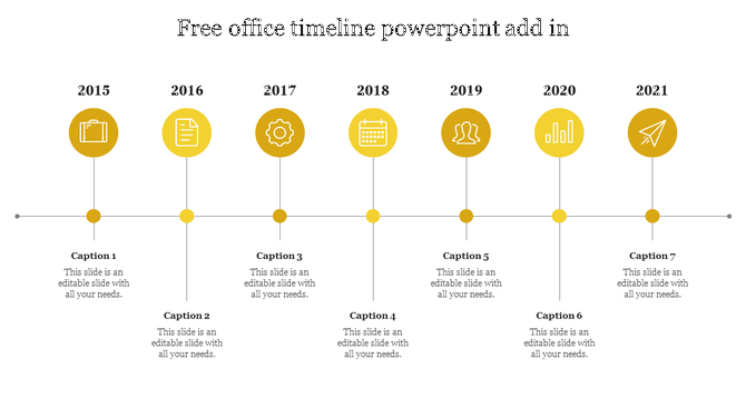 Timeline with seven yellow circles containing icons, connected by a thin line, representing years from 2015 to 2021.