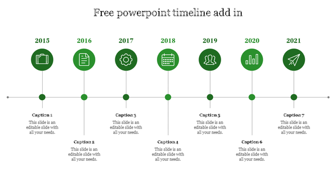 Timeline PowerPoint slide with years 2015 to 2021, each marked with a green icon and connected by a horizontal line.