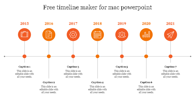 Timeline with orange circular icons from 2015 to 2021, each year represented by an icon, and captions underneath.