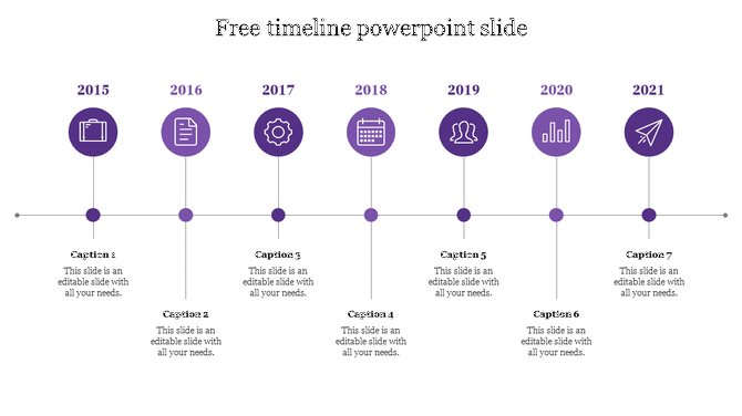 Purple horizontal timeline from 2015-2021 with circular icons above and text boxes below connected by vertical lines. 