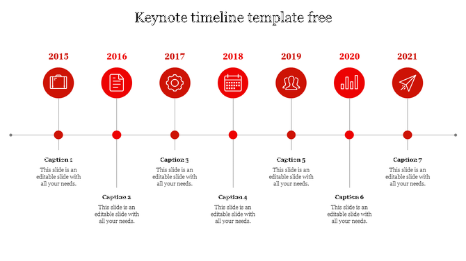 Red themed timeline with circular icons and text boxes below, spanning from 2015 to 2021 in a linear format.