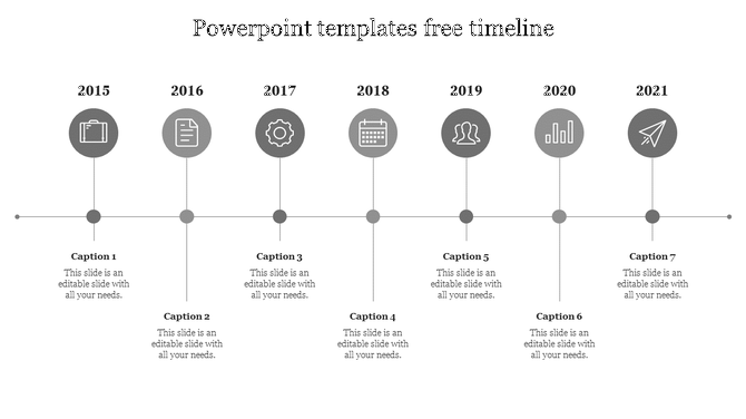 Grayscale horizontal timeline with circular icons for years 2015 to 2021, each linked to captions below.