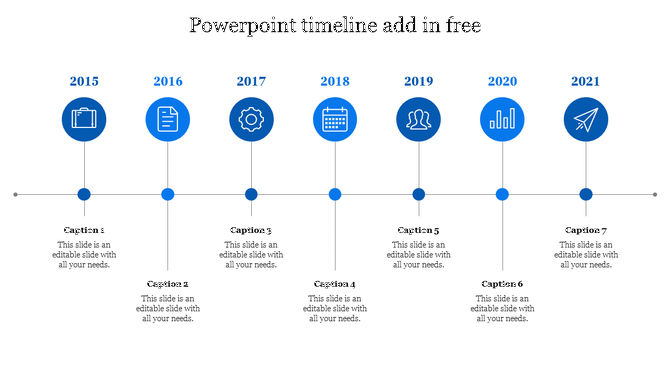 Timeline PowerPoint slide with years 2015 to 2021, each marked with a blue icon and connected by a horizontal line.