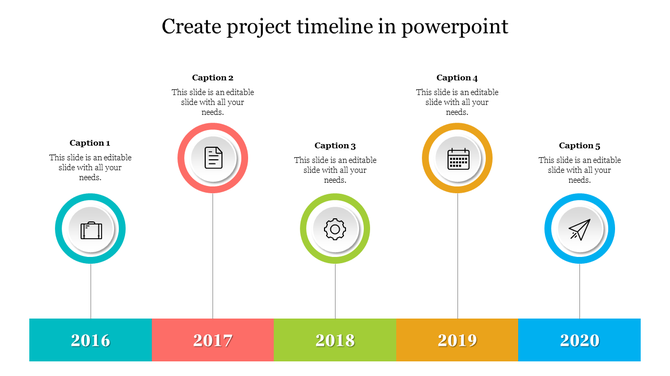 Project timeline infographic with five milestone years, each represented by a section, circular icons, and connectors. 