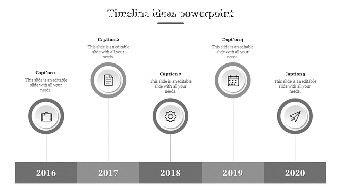 A monochrome timeline infographic spanning from 2016 to 2020, with circular grey icons and captions.