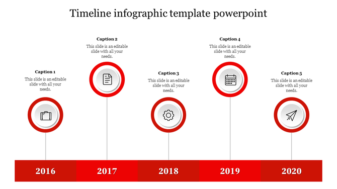 Horizontal timeline with five red-circled icons linked to years 2016-2020, each with placeholder text areas.