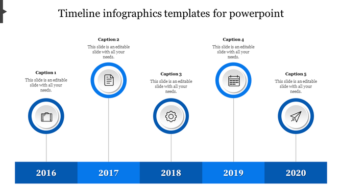 Timeline infographic with five blue circular markers, featuring icons and milestone years from 2016 to 2020.