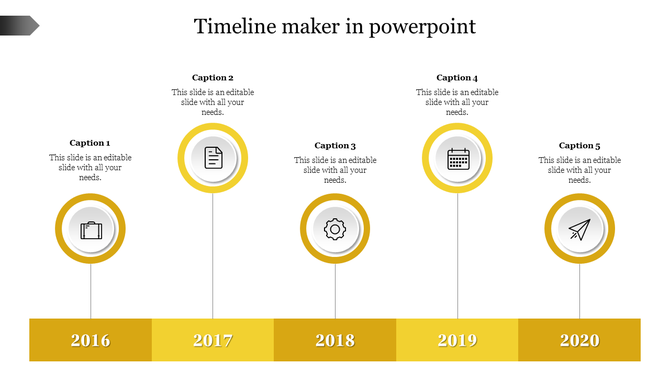 Horizontal timeline slide with circular icons representing milestones from 2016 to 2020, each paired with caption areas.