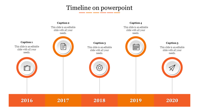 Timeline showcasing five milestones from 2016 to 2020, each represented by icons inside orange circles.