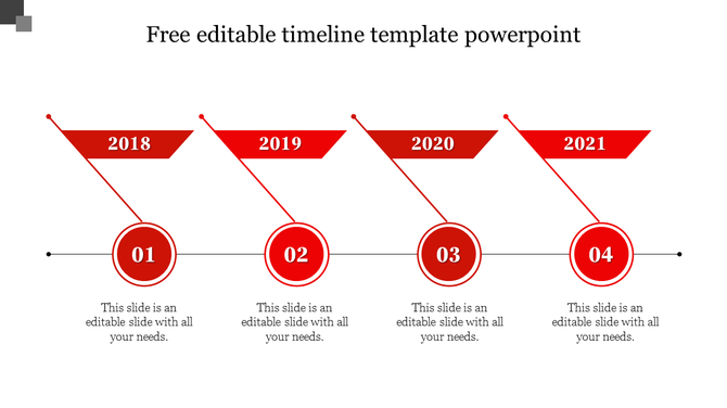 Timeline slide with red triangular labels for years and numbered circular steps from 01 to 04, on a black horizontal line.