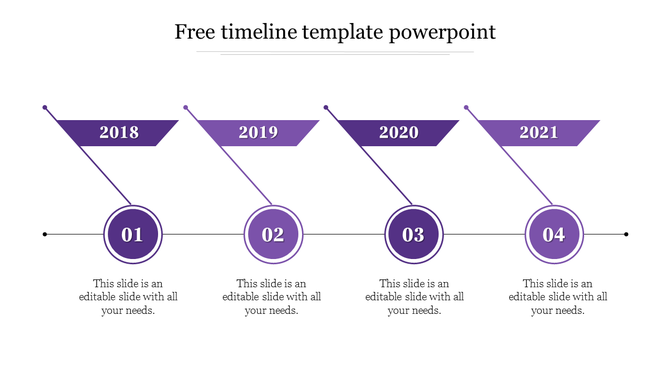 Timeline design featuring purple banners and numbered circles, representing a sequence across four years.