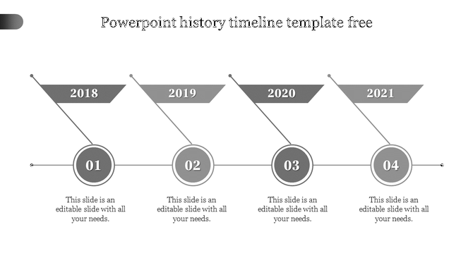 Monochrome timeline spanning 2018-2021, featuring four numbered milestones connected by diagonal lines to triangular labels. 