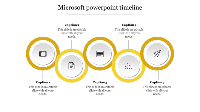 Yellow and white circular timeline infographic slide with five milestones, each represented by an icon and placeholder text.