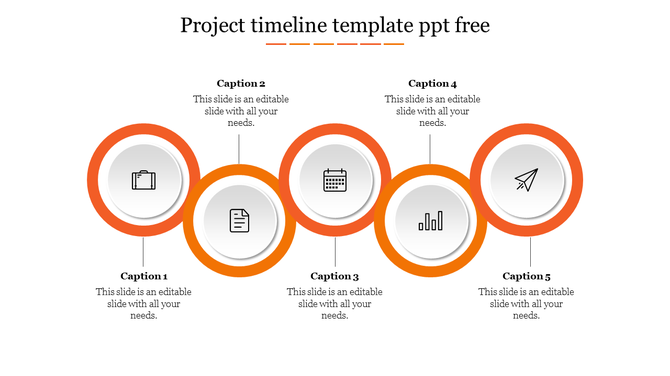 Five step timeline with circular orange elements, each containing business related icons, connected in a sequence.