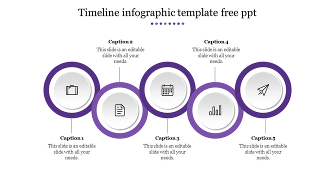 Purple and white circular timeline infographic slide with five milestones, each represented by an icon and placeholder text.
