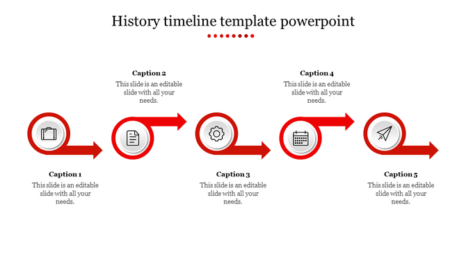 Timeline slide with five red arrows connecting circular icons: suitcase, document, gear, calendar, and paper airplane