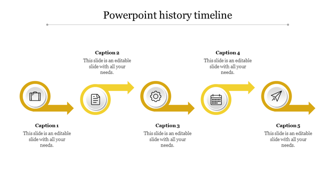 Horizontal timeline with five yellow arrows pointing right, each containing a circular milestone icon and a caption below. 