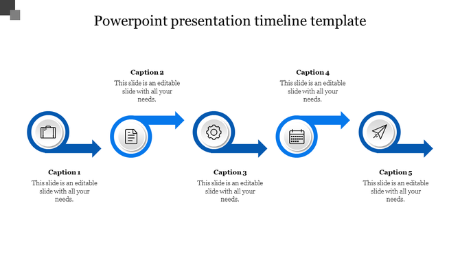 Horizontal timeline with five blue arrow icons containing business related symbols, each paired with a caption.