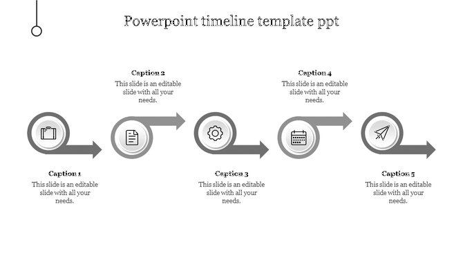 Timeline PowerPoint slide with five grey arrow icons and captions with placeholder text on a white backdrop.