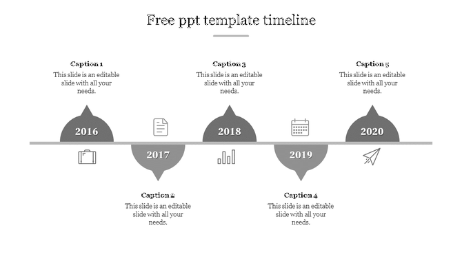 Minimalist timeline PowerPoint template with five milestones from 2016 to 2020, grey icons, and captions on a white backdrop.