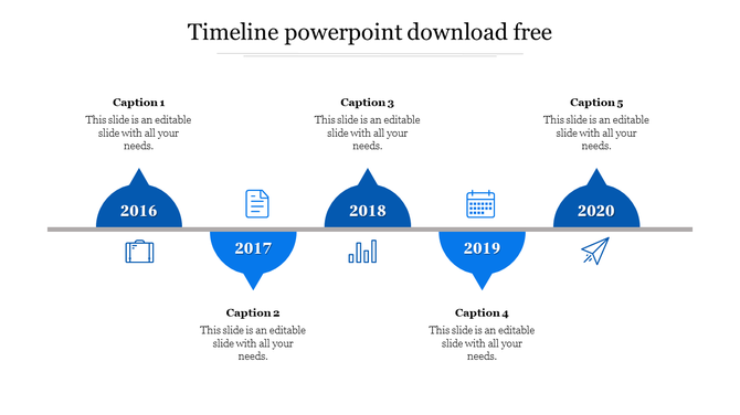 Timeline slide featuring five blue semicircular shapes for the years 2016 to 2020 with icons for each year.