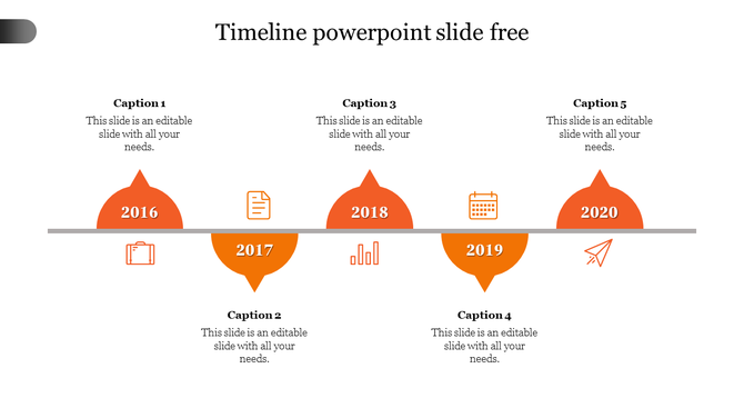 Minimalist timeline PPT template with five milestones from 2016 to 2020, orange icons, and captions on a white backdrop.