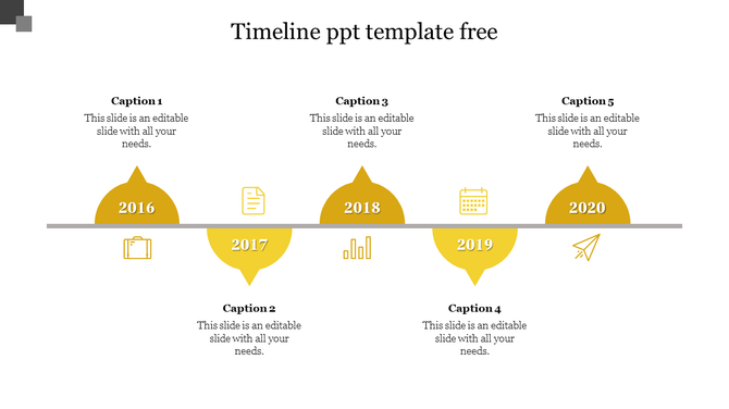 Horizontal timeline with yellow shaped markers for 2016-2020, each containing an icon and corresponding captions. 