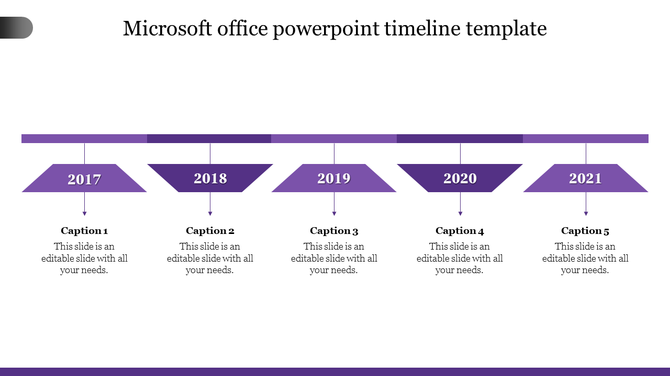 Horizontal timeline with purple hanging milestone markers for 2017-2021, each containing a year label and corresponding captions.