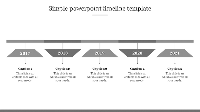 Simple timeline template featuring five evenly spaced years from 2017 to 2021, with editable captions beneath each milestone.