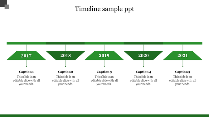 Best timeline PPT template with a five year progression from 2017 to 2021, using green milestone markers with captions.