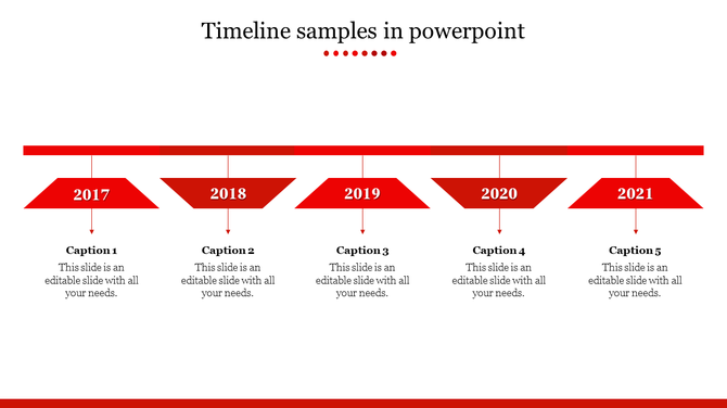 Linear timeline with five red milestone markers suspended from a top bar, linked to placeholder text areas.