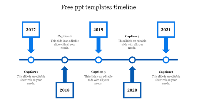 Blue themed timeline with square markers for 2017 through 2021, each with a corresponding caption beneath.