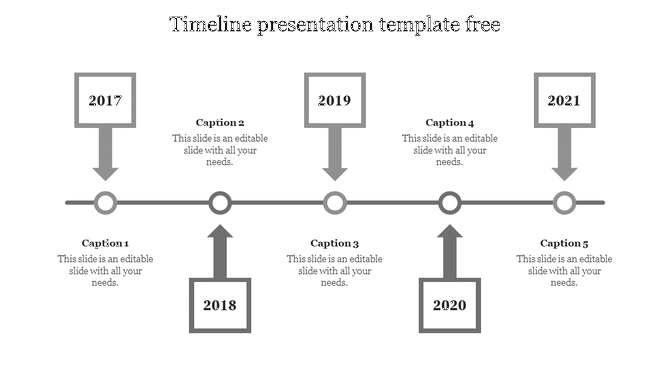 Linear timeline featuring five gray square milestones positioned above and below a horizontal line, each linked to captions.