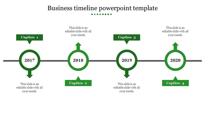Business timeline with four green circular markers labeled 2017-2020, connected by a horizontal line with captions.