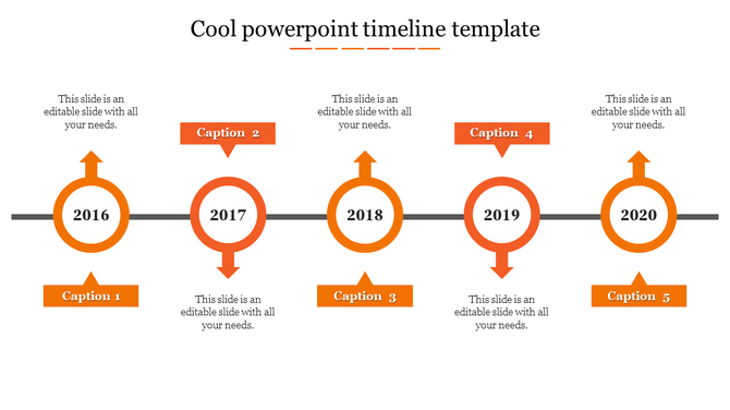 Timeline slide with five orange circular years from 2016 to 2020, marked by arrows pointing upward and downward.