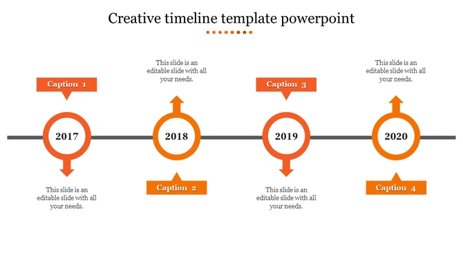 Creative timeline PPT template with orange circular markers and milestone years from 2017 to 2020 with captions.