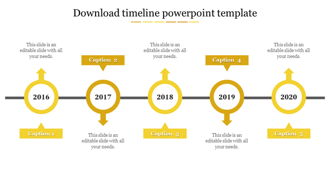Business timeline with five yellow circles labeled 2016-2020, connected by a horizontal line with captions above and below. 