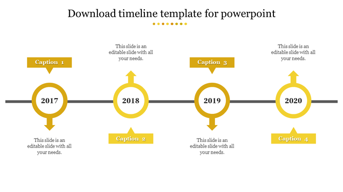 Timeline template with four yellow circular markers representing the years 2017 to 2020, each with directional arrows.