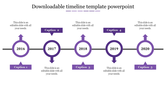 Purple themed timeline PPT template with five milestone years and directional arrows with captions and placeholder text.
