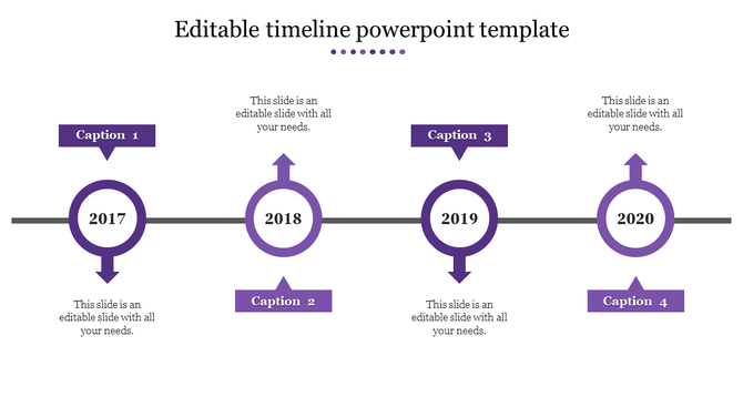 Business timeline with four purple circles labeled 2017-2020, connected by a horizontal line with captions above and below. 