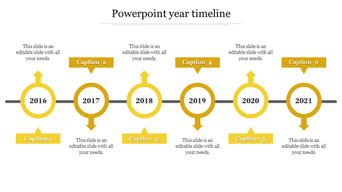 Horizontal timeline with six yellow circular milestones, connected by a black line, labeled with years 2016 to 2021.