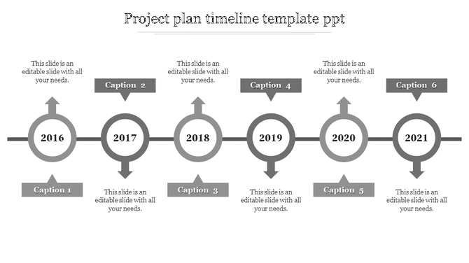 Grayscale timeline presentation featuring six circular year markers with arrows, from 2016 to 2021 and captions.