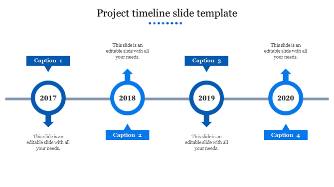 Horizontal timeline from 2017 to 2020 with four blue circular markers paired with arrows, and captions for each year.