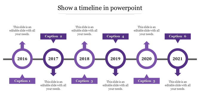 Business timeline with six purple circles labeled 2016-2021, connected by a horizontal line, with captions areas.