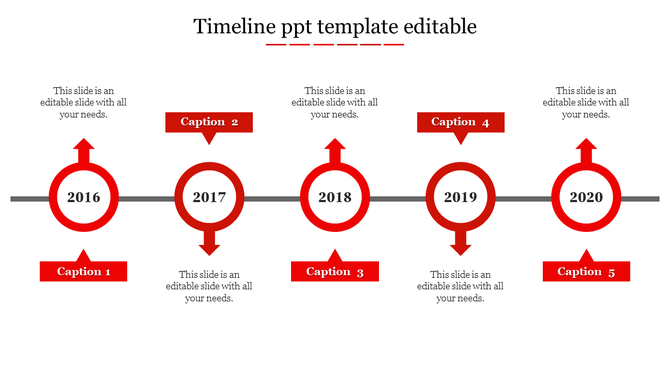 Project timeline with five circular markers labeled 2016-2020 in red, connected by a horizontal line, captions areas.